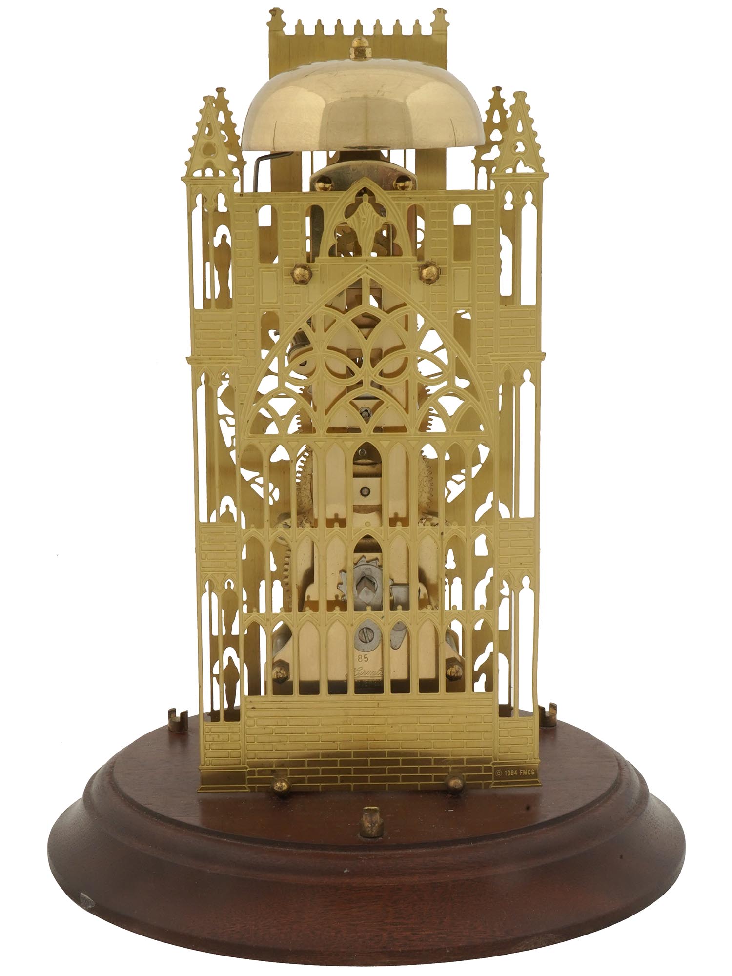 GOTHIC BRASS MANTEL CLOCK BY HERMLE IN GLASS DOME PIC-2